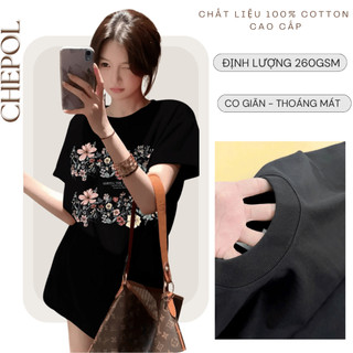 Set Bộ Áo Phông Nữ Chepol Form Rộng, Cổ tròn, Phối Chân Váy, In Hoa, Chất Cotton ( Áo Thun Đen + Chân Váy Ngắn) CP_x8543