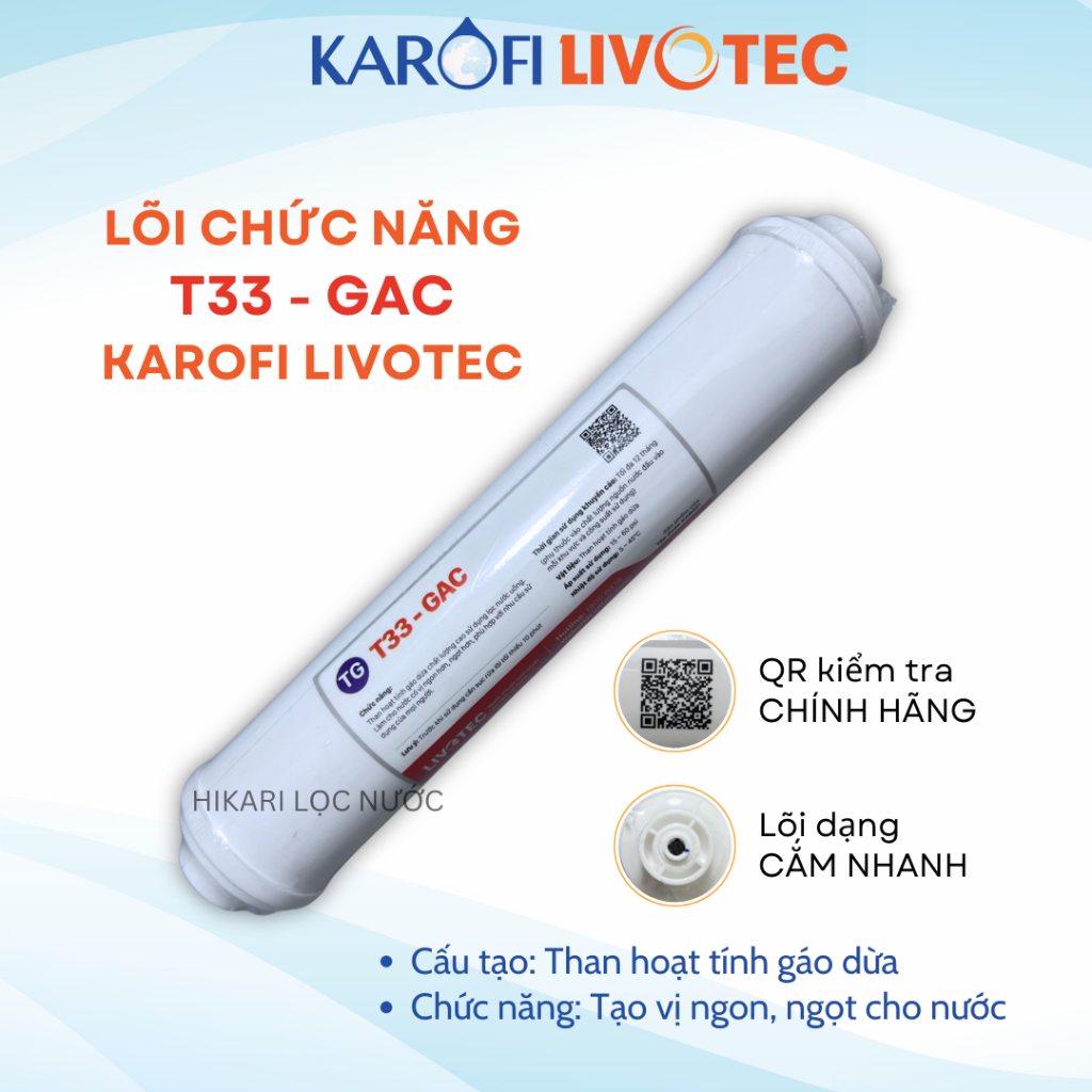 Lõi Chức Năng T33-GAC Karofi Livotec Cấu Tạo Than Hoạt Tính Gáo Dừa Giúp Tạo Vị Ngon, Ngọt Cho Nước