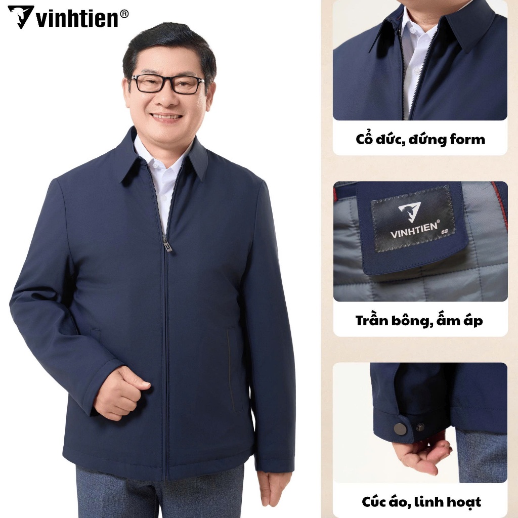 Áo khoác Jacket Nam Vĩnh Tiến Chần Bông Khóa Kéo Cổ Đức Chống Thấm, Giữ Ấm, Lịch Lãm - 1250 JD7