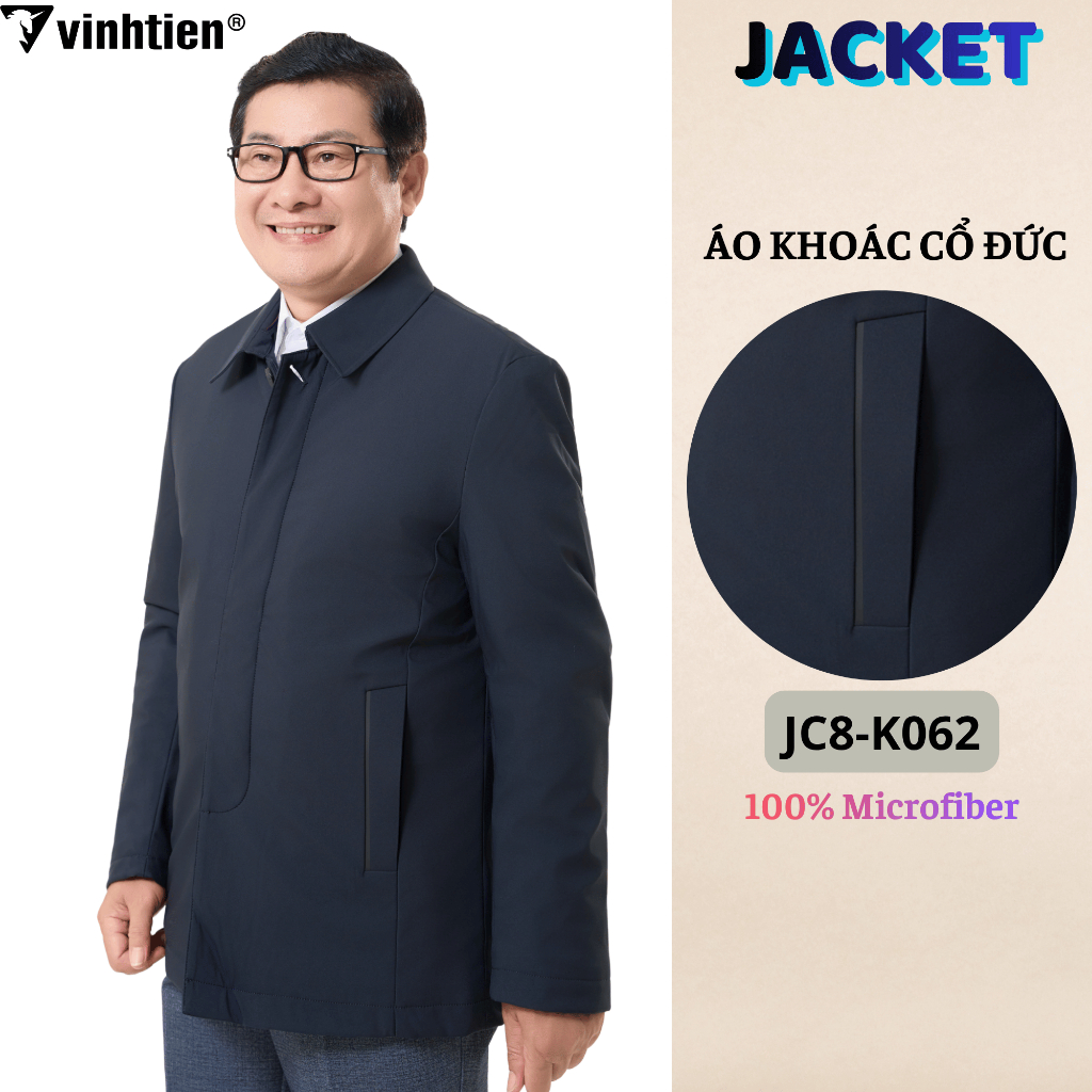Áo Khoác Jacket Nam Vĩnh Tiến Chần Bông Nẹp Cúc Cổ Đức Chống Gió Giữ Ấm Phong Cách Lịch Lãm - 1250 JC8