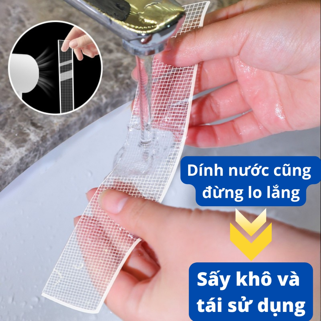Băng Dính Nano 2 Mặt Đan Lưới Dễ Tháo Gỡ, Băng Keo 2 Mặt Trong Suốt Sợi Thủy Tinh Siêu Dính