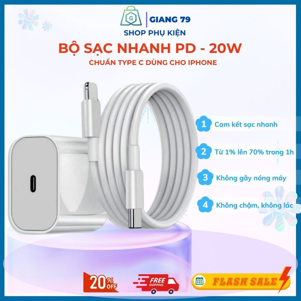 Bộ Sạc PD 20W Siêu Nhanh l| Sạc Không Nóng, An Toàn, Bảo hành 12 tháng, 30 phút đầy 50% pin