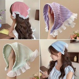 Khăn Trùm Đầu Caro Viền Bèo Vintage – Khăn Trùm Tóc Buộc Dây Phong Cách Hàn Quốc, Phụ Kiện Tóc Nữ