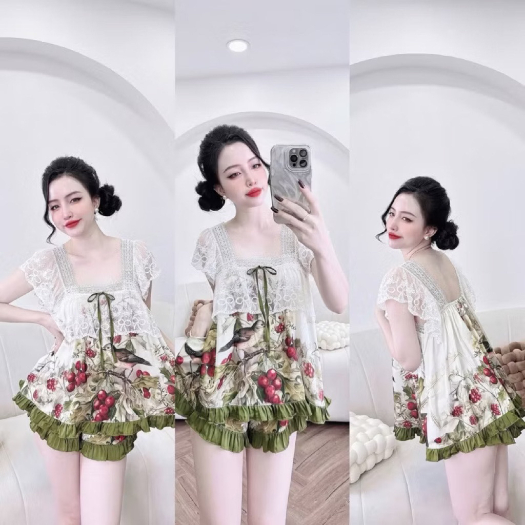 35-55kg Bộ ngủ 2 dây ren hoạ tiết dễ thương lụa latin phối ren