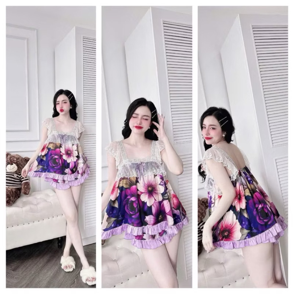 35-55kg Bộ ngủ 2 dây ren hoạ tiết dễ thương lụa latin phối ren
