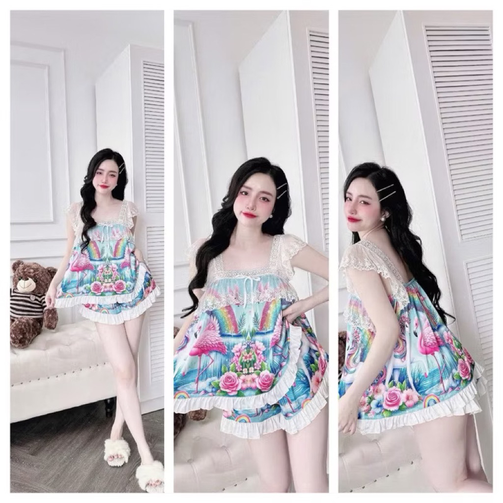 35-55kg Bộ ngủ 2 dây ren hoạ tiết dễ thương lụa latin phối ren