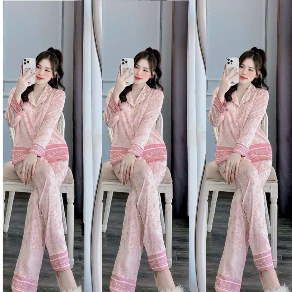 Bộ ngủ Pizama tay dài, bộ ngủ mặc nhà họa tiết chất satin
