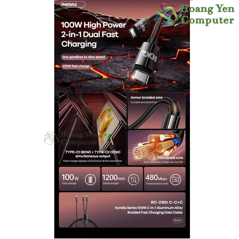 Cáp Sạc Nhanh Remax RC-092T 100W – Dây Bện Siêu Bền 2 Đầu Ra (C to C + C) – BH 6 Tháng – Hoàng Yến Computer