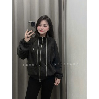 (NỈ 2 DA) Áo Khoác Nỉ Nữ Cổ Trụ Kéo Khoá Dây Rút Thêu NGỰA Chun Tay Form Rộng