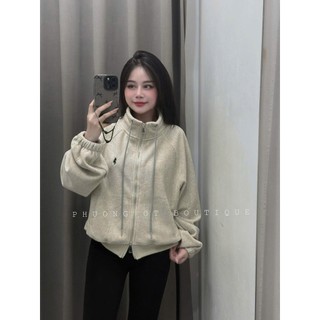 (NỈ 2 DA) Áo Khoác Nỉ Nữ Cổ Trụ Kéo Khoá Dây Rút Thêu NGỰA Chun Tay Form Rộng