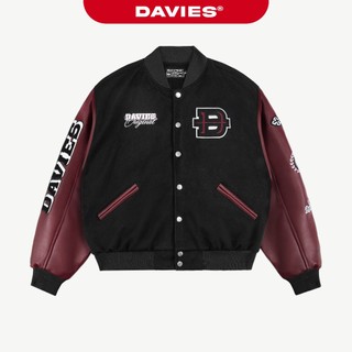 Áo khoác varsity phối tay da đỏ DAVIES hình thêu nổi thiết kế nút bấm nỉ lót dù hiphop Heritage Bomber Jacket| D-AK10-DO