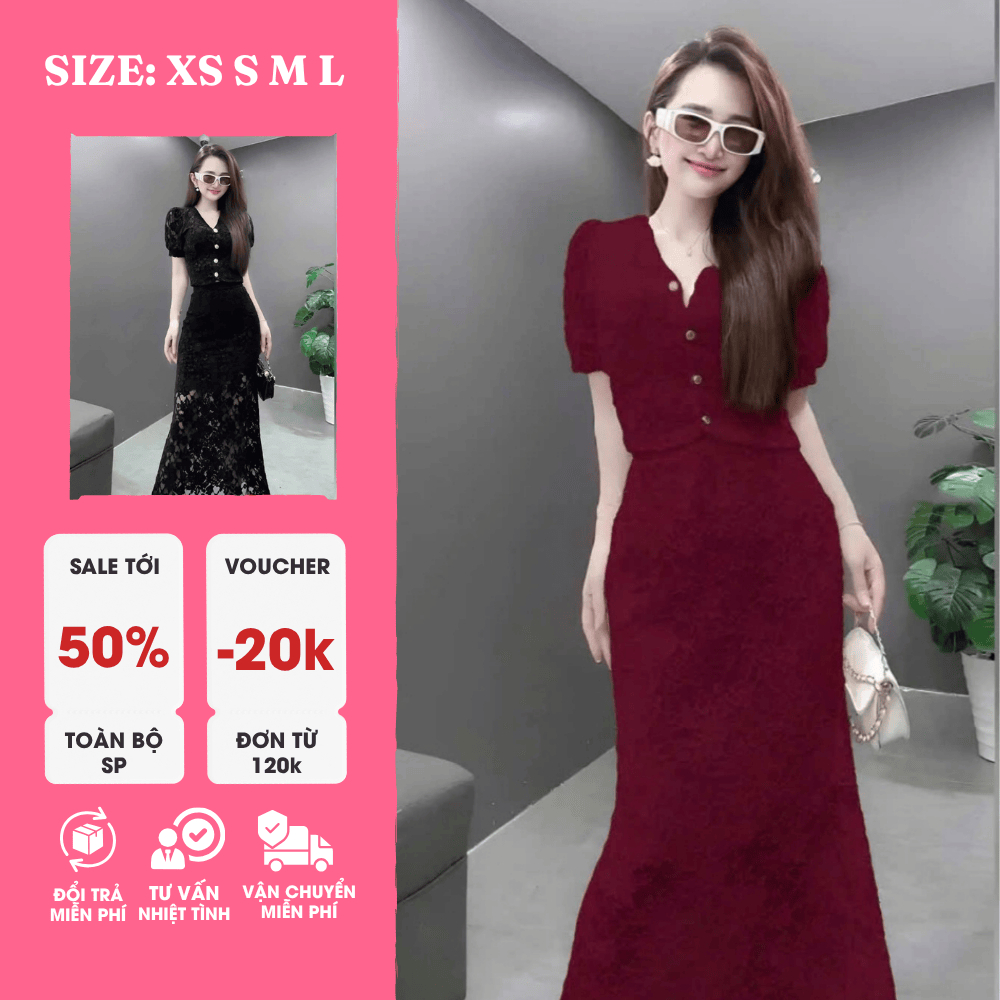 SÉT ĐẦM REN CỔ V NÚT NGỌC ĐUÔI CÁ – THANH LỊCH, QUYẾN RŨ, SANG TRỌNG
