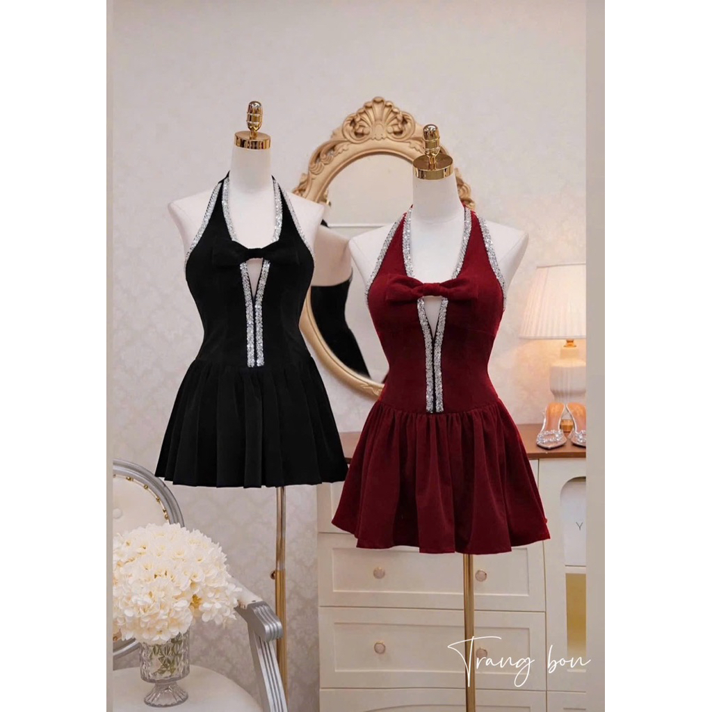 Đầm nhung cổ yếm đá bling mặc đi chơi đi tiệc