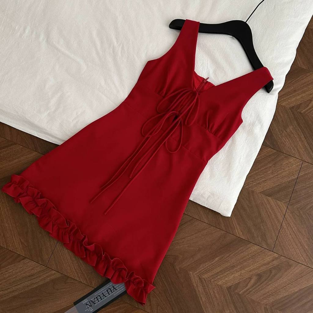 𝗘𝗼𝗻 - Đầm Linen cổ V thắt nơ viền bèo