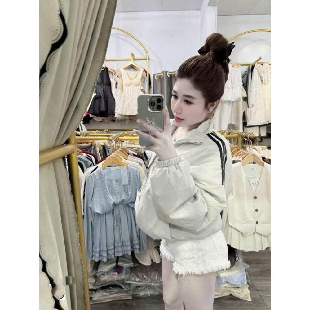 Áo khoác gió nữ GUMIN thiết kế dáng rộng tay phồng phối sọc viền đen, áo khoác nữ cá tính sang trọng