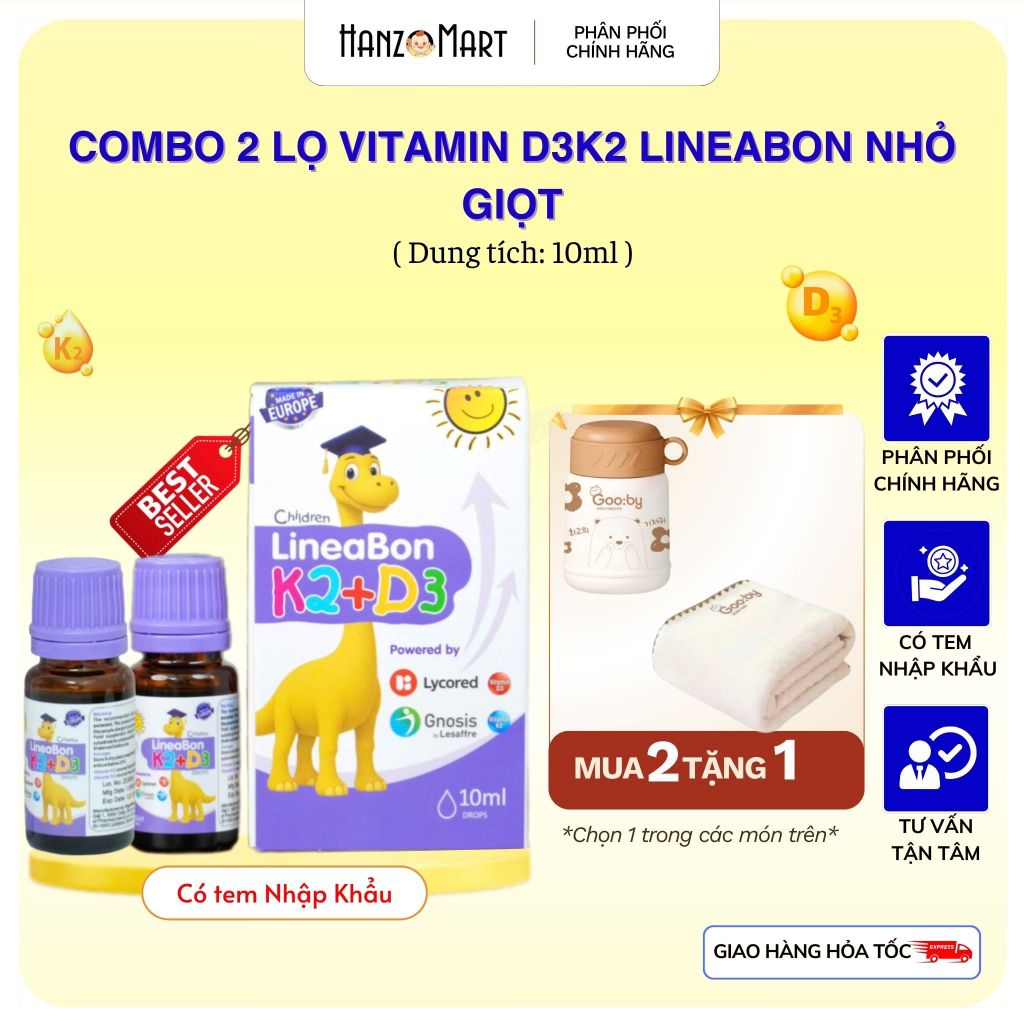 Combo 2 lọ LineaBon Vitamin D3K2MK7 - Canxi Bestical chính hãng Hấp thu Canxi cho trẻ - Trẻ cao lớn kèm quà