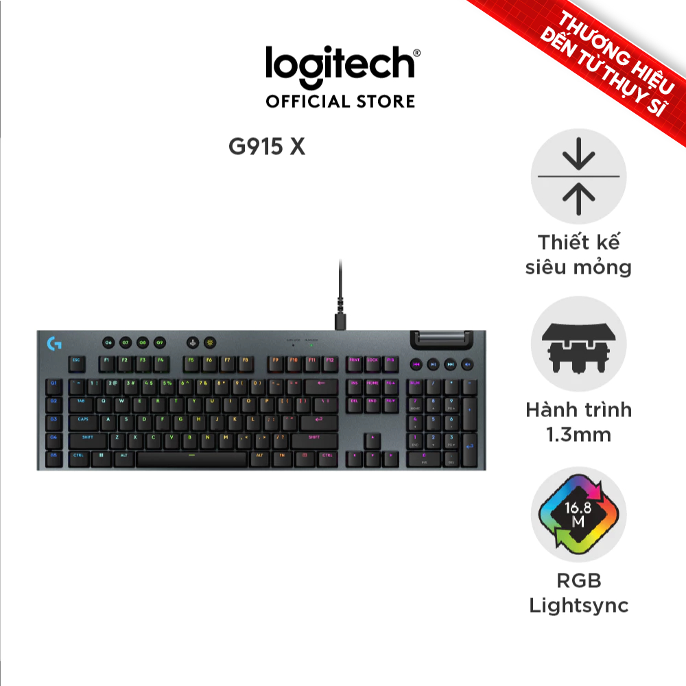 Bàn phím cơ Gaming có dây Lowprofile Logitech G G915 X Fullsize, Mũ phím PBT, nút lập trình, RGB | BigBuy360 - bigbuy360.vn