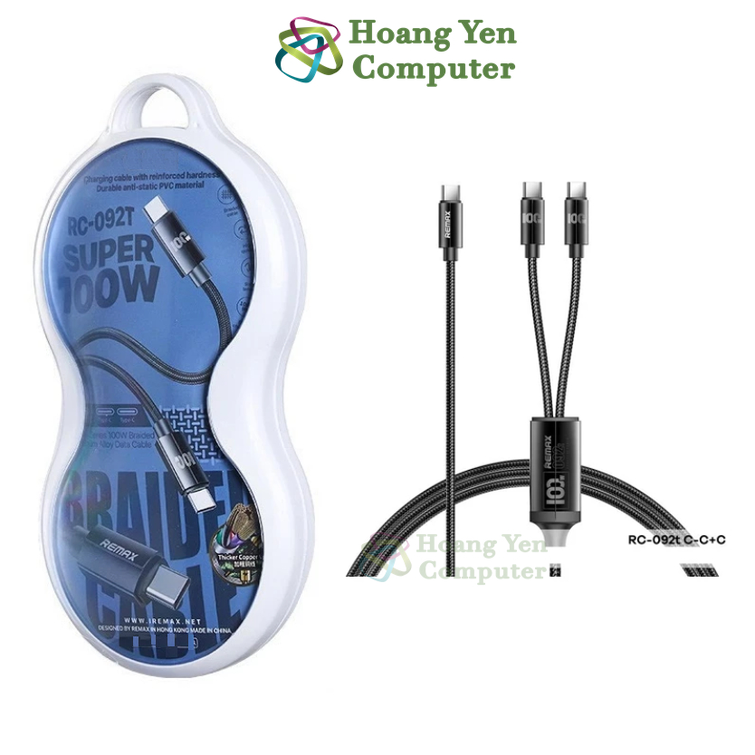 Cáp Sạc Nhanh Remax RC-092T 100W – Dây Bện Siêu Bền 2 Đầu Ra (C to C + C) – BH 6 Tháng – Hoàng Yến Computer