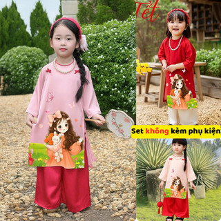 Áo dài Tết bé gái chất lụa gấm cao cấp, Set bộ quần áo dài cách tân phối in hình cho bé gái size đại DA01 DA05 - BIATON