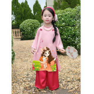 Áo dài Tết bé gái chất lụa gấm cao cấp, Set bộ quần áo dài cách tân phối in hình cho bé gái size đại DA01 DA05 - BIATON