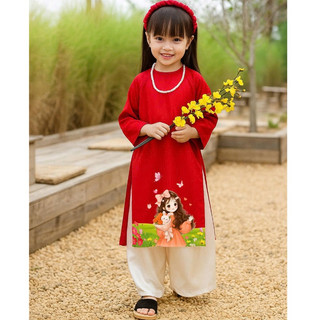 Áo dài Tết bé gái chất lụa gấm cao cấp, Set bộ quần áo dài cách tân phối in hình cho bé gái size đại DA01 DA05 - BIATON