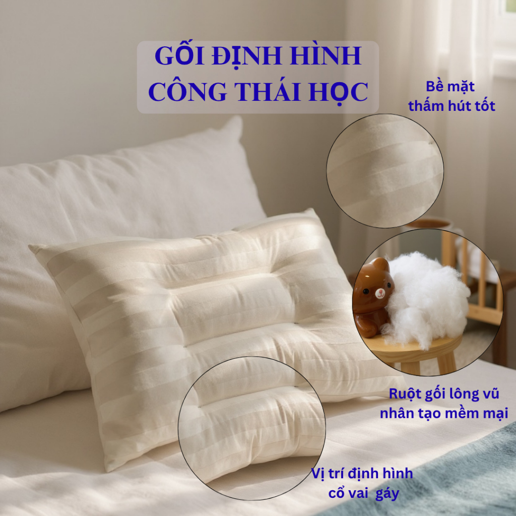 Gối Công Thái Học Lông Vũ Cao Cấp hỗ trỡ đau cổ vai gáy, đình hình cổ vai gáy - Ngọc Hạnh Bedding