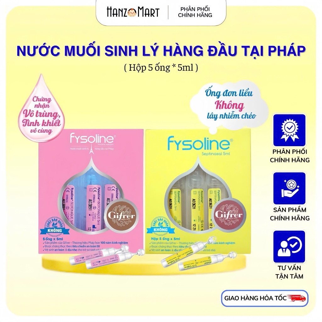 Nước muối sinh lý cho bé Fysoline Pháp hồng / vàng 5 ống x 5ml