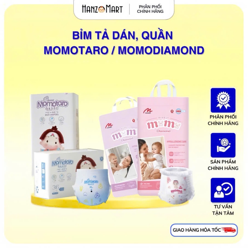 Bỉm tã dán/quần MOMOTARO / MOMO DIAMOND S112/M92/L84/Xl78/XXL72/XXXL70