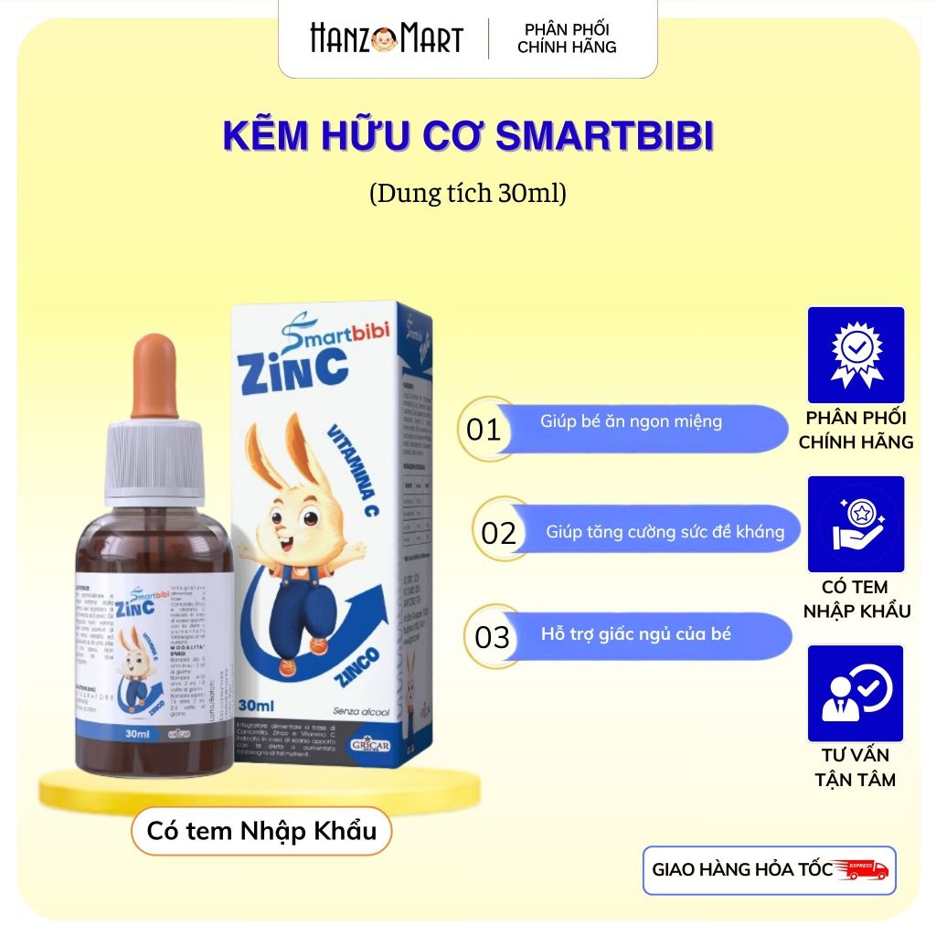Kẽm Smartbibi Zinc bổ sung vitamin C giúp bé ăn ngon, giảm ốm vặt, tăng khả năng tập trung trí nhớ 30ml - hanzomart