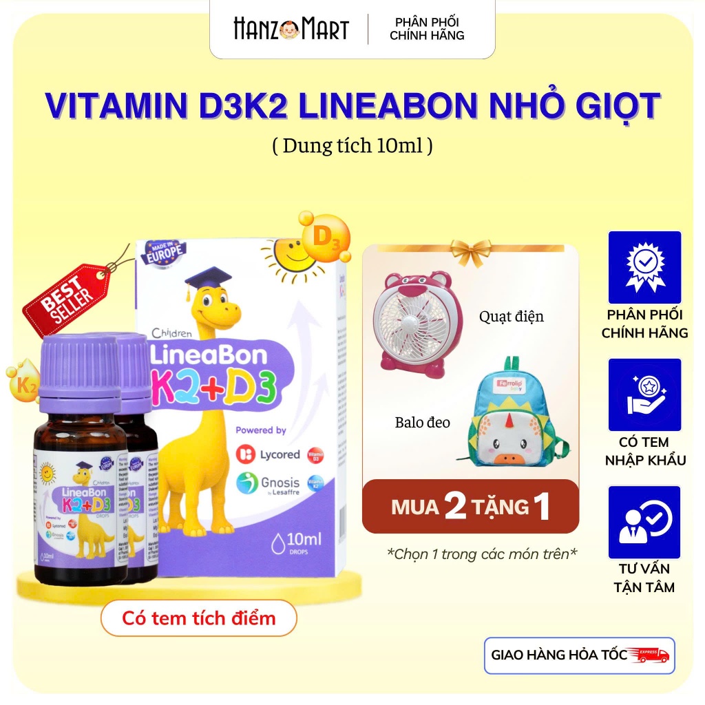 Combo 2 lọ Lineabon K2 D3 bổ sung vitamin D3 K2 giúp tăng hấp thu canxi cho trẻ - tặng quà