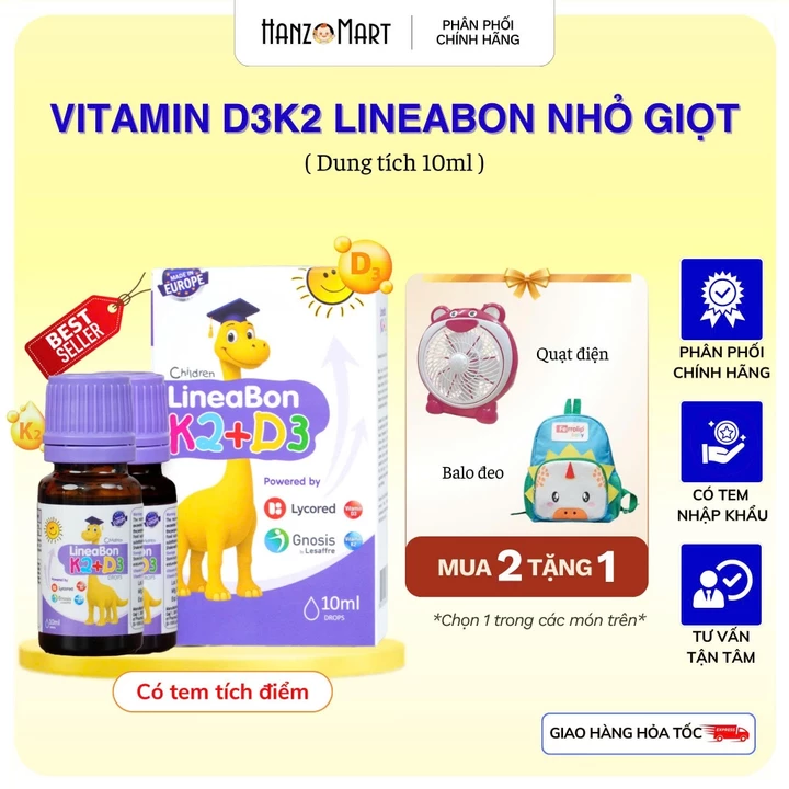 Combo 2 lọ Lineabon K2 D3 bổ sung vitamin D3 K2 giúp tăng hấp thu canxi cho trẻ - tặng quà