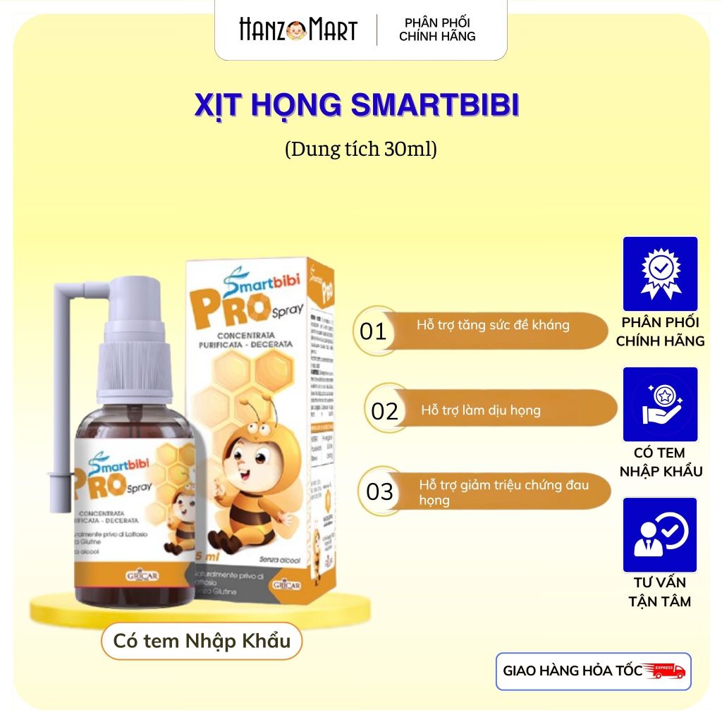 Xịt họng Smartbibi Pro Spray tăng cường sức khỏe đường hô hấp trên,hỗ trợ làm dịu họng