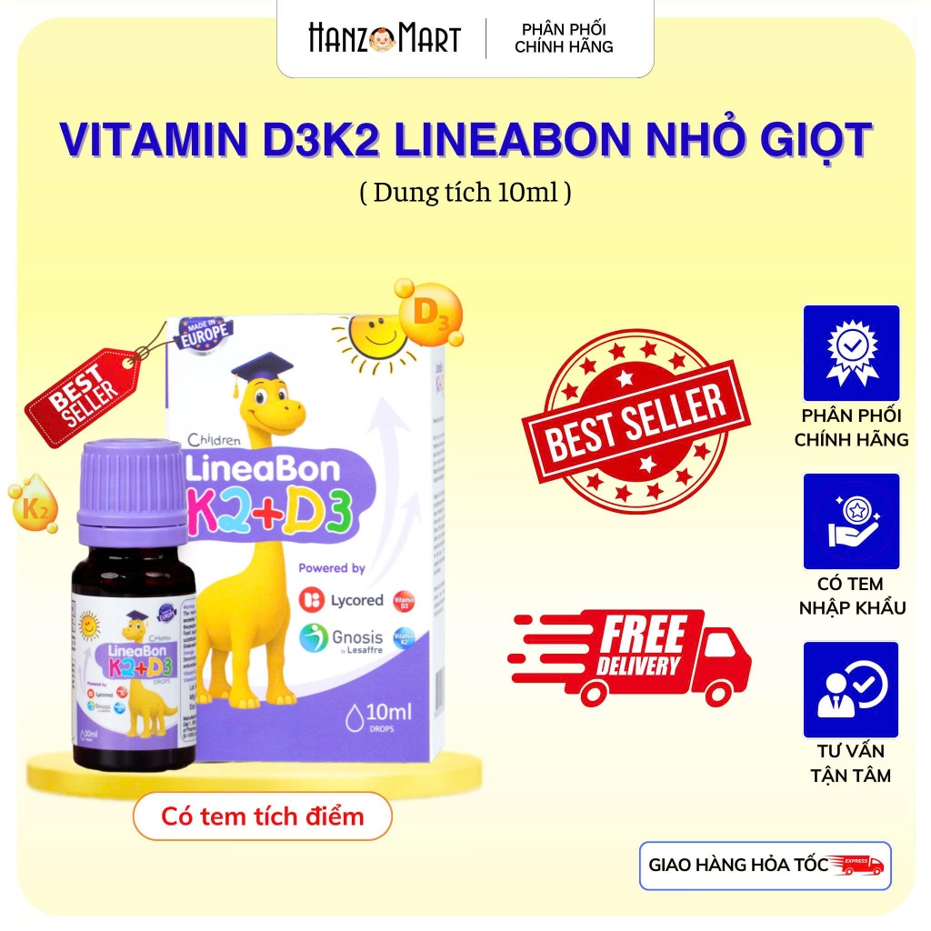 Lineabon d3 k2 cho trẻ sơ sinh siro bổ sung hấp thu canxi,tăng chiều cao cho bé (10ml)