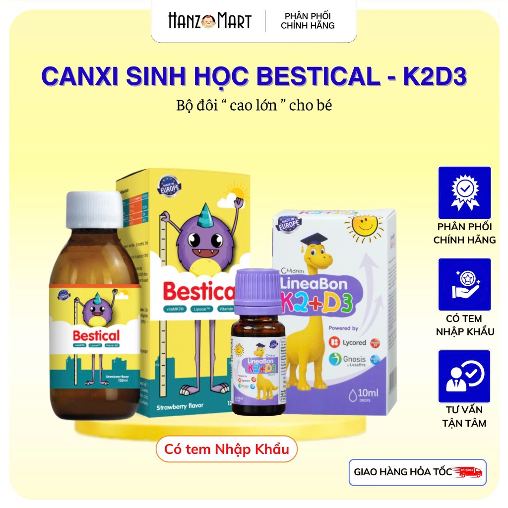 Combo Lineabon Vitamin D3k2mk7 - Canxi Bestical Tăng hấp thu Canxi cho trẻ - Trẻ cao lớn khỏe mạnh