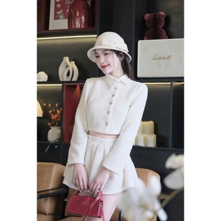 Set dạ nhũ nữ sang chảnh áo khoác croptop cúc lệch phong cách mix chân váy ngắn chữ A siêu xinh