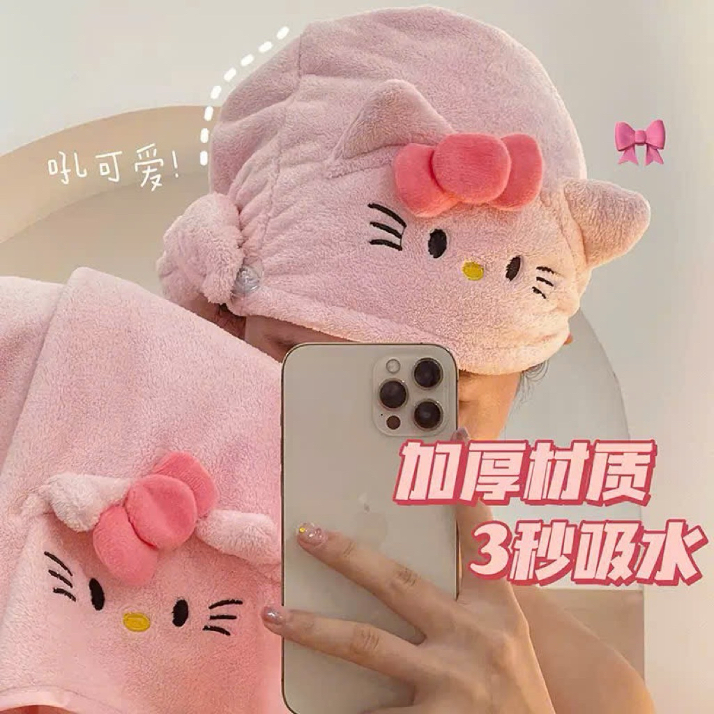 Khăn ủ tóc, khăn tắm hello kitty thấm hút tốt mềm mịn khăn quấn tóc