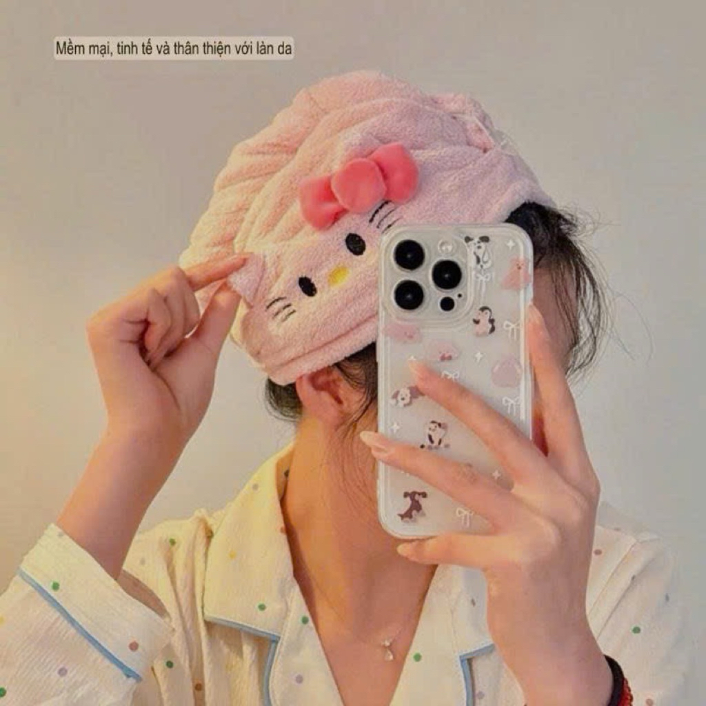 Khăn ủ tóc, khăn tắm hello kitty thấm hút tốt mềm mịn khăn quấn tóc