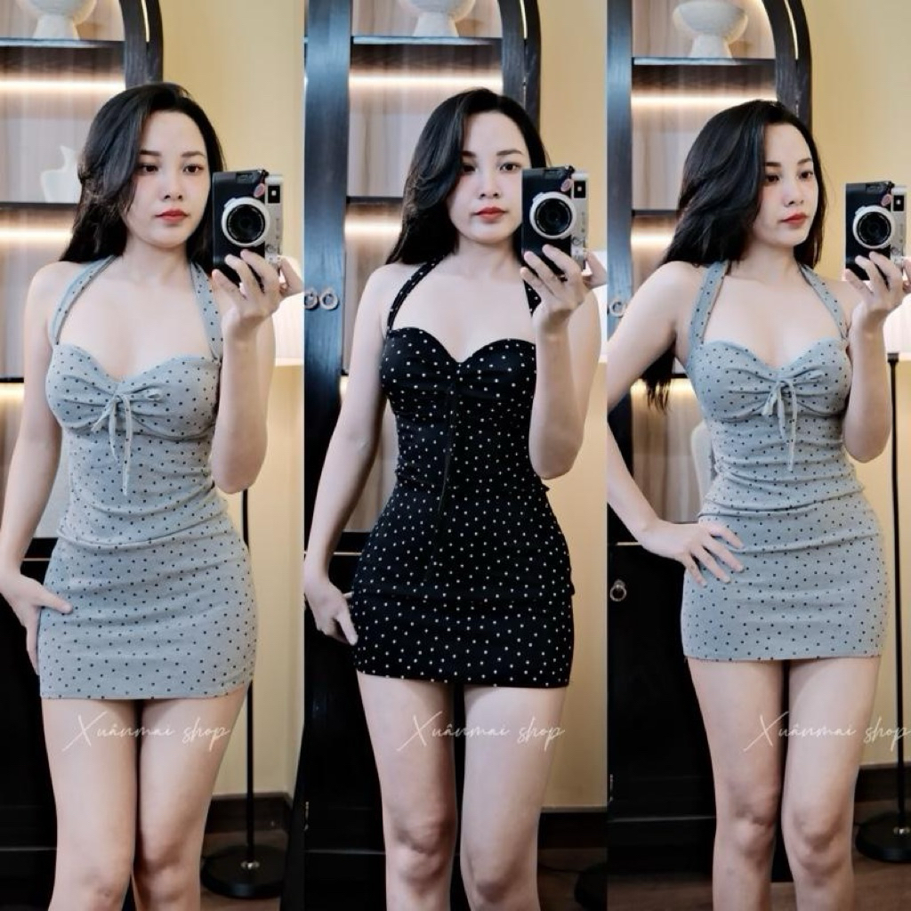 Đầm CUP BI DÂY CỘT CỔ nơ trước dây cột sau sẵn mút Xuân Mai Shop