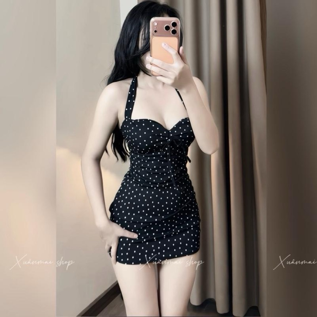 Đầm CUP BI DÂY CỘT CỔ nơ trước dây cột sau sẵn mút Xuân Mai Shop