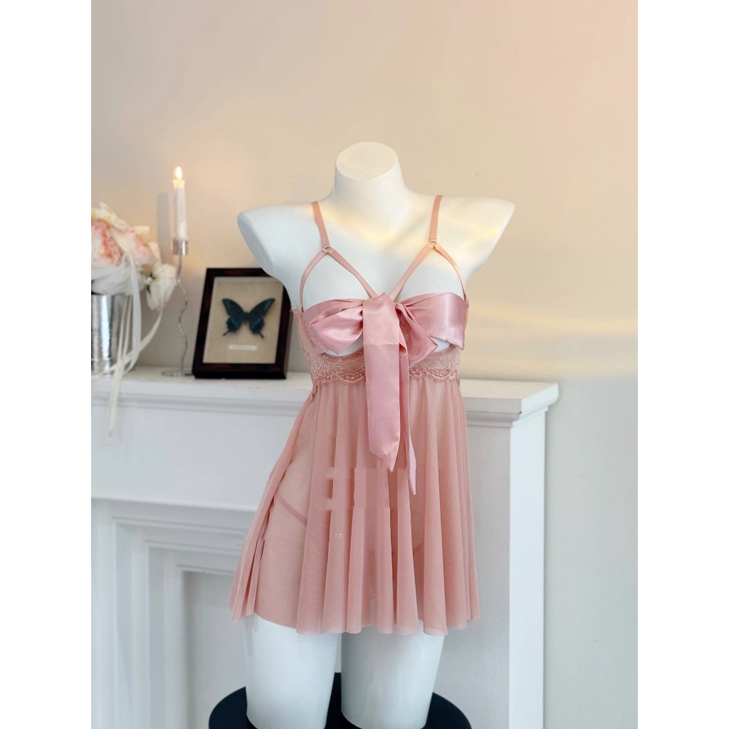 HT165 Váy ngủ sexy ren xuyên thấu có GỌNG,đồ ngủ sexy buộc nơ xẻ sau gợi cảm HT165