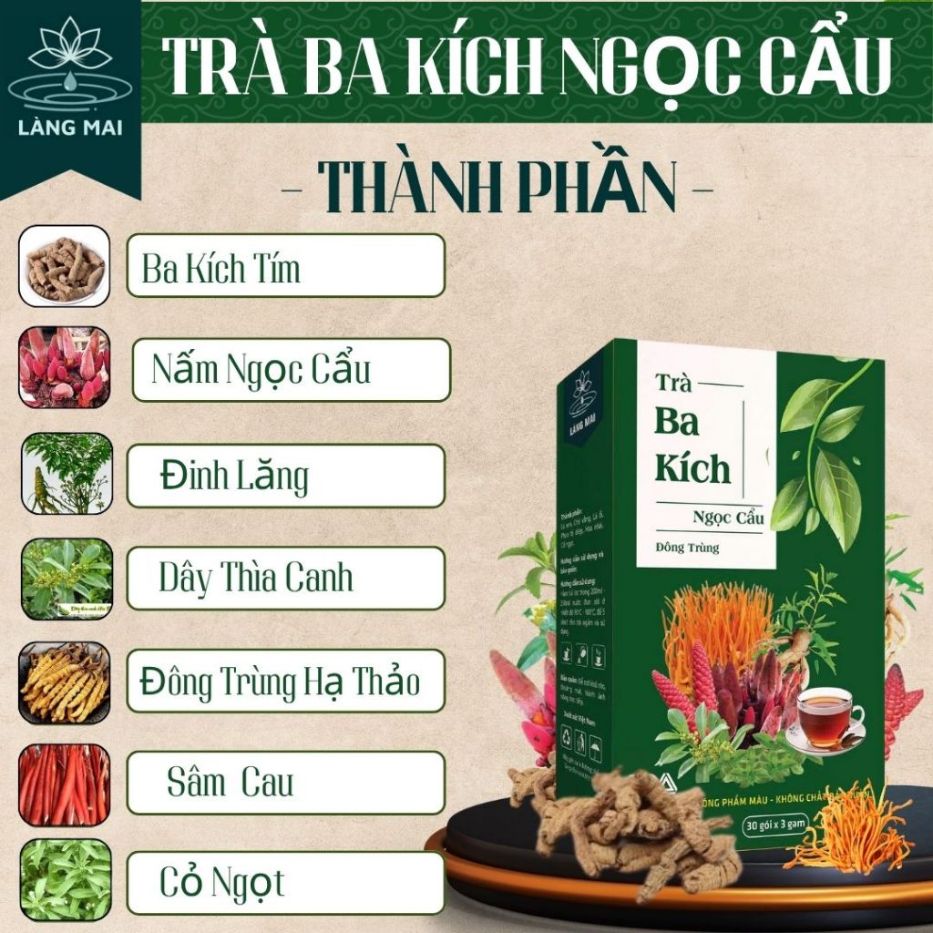 Trà PHỤC DƯƠNG BỔ THẬN - Làng Mai - Ba Kích, Ngọc Cẩu, tăng cường sinh lý nam, hỗ trợ tiểu đêm, đau lưng mỏi gối.