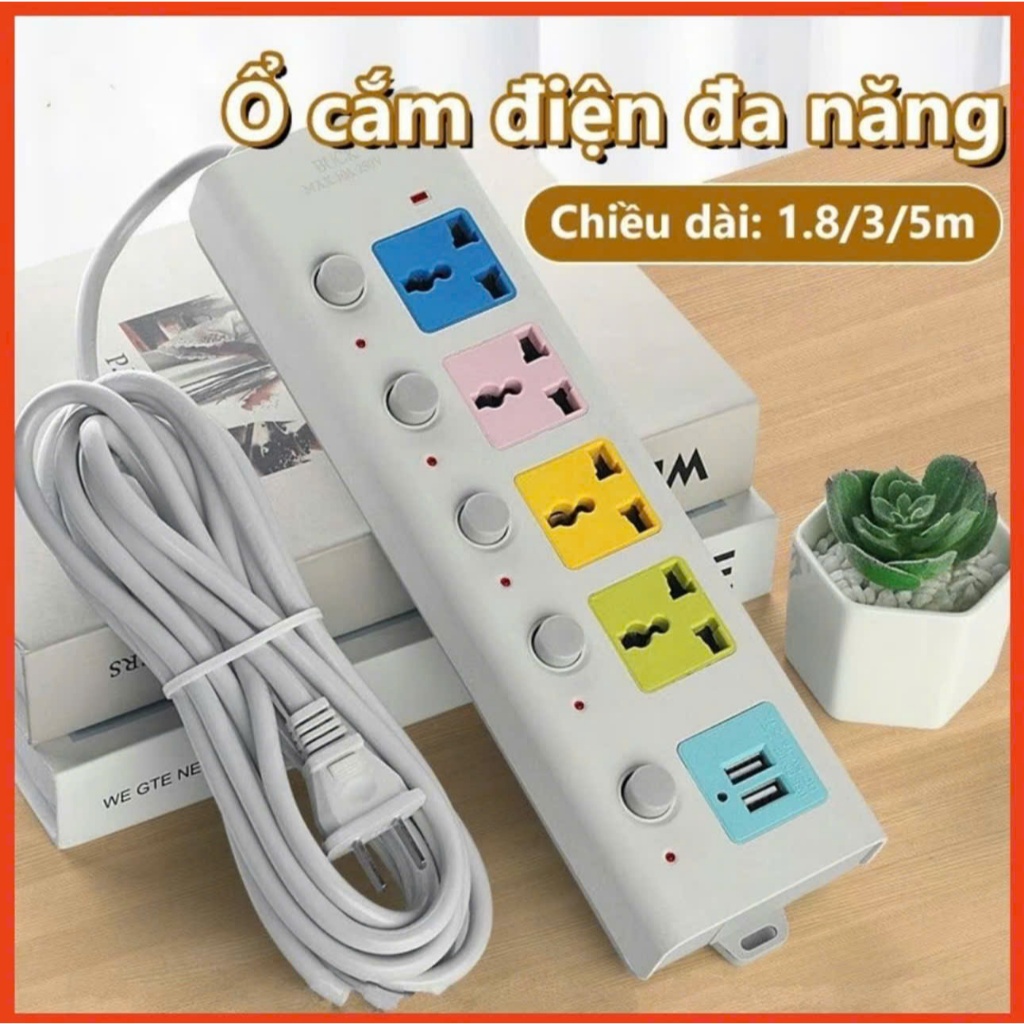 Ổ Cắm Điện USB Đa Năng Cao Cấp Chống Giật Dây Dài 4m Công suất 2500W, 2 Cổng Cắm USB Có Chốt An Toàn