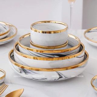 [Bán Lẻ] Bộ bát đĩa sứ cao cấp Vân Đá Viền Vàng phong cách Bắc Âu,HOME DECOR, QUÀ TẶNG GỐM SỨ LUXURY