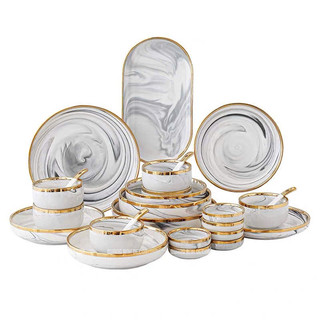 [Bán Lẻ] Bộ bát đĩa sứ cao cấp Vân Đá Viền Vàng phong cách Bắc Âu,HOME DECOR, QUÀ TẶNG GỐM SỨ LUXURY