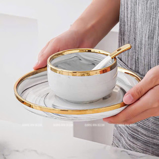 [Bán Lẻ] Bộ bát đĩa sứ cao cấp Vân Đá Viền Vàng phong cách Bắc Âu,HOME DECOR, QUÀ TẶNG GỐM SỨ LUXURY