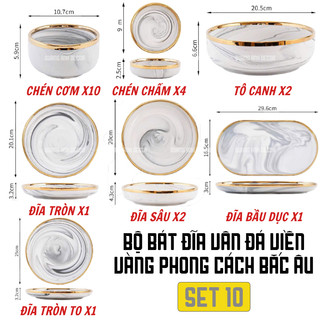[Bán Lẻ] Bộ bát đĩa sứ cao cấp Vân Đá Viền Vàng phong cách Bắc Âu,HOME DECOR, QUÀ TẶNG GỐM SỨ LUXURY