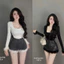Bộ nữ đi chơi dài tay viền lông cổ vuông mix sooc bling a10
