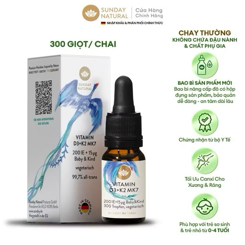 Vitamin D3 K2 MK7 (10ml 300 giọt) giúp chắc xương cho trẻ từ sơ sinh đến 4 tuổi Sunday Natural, Đức