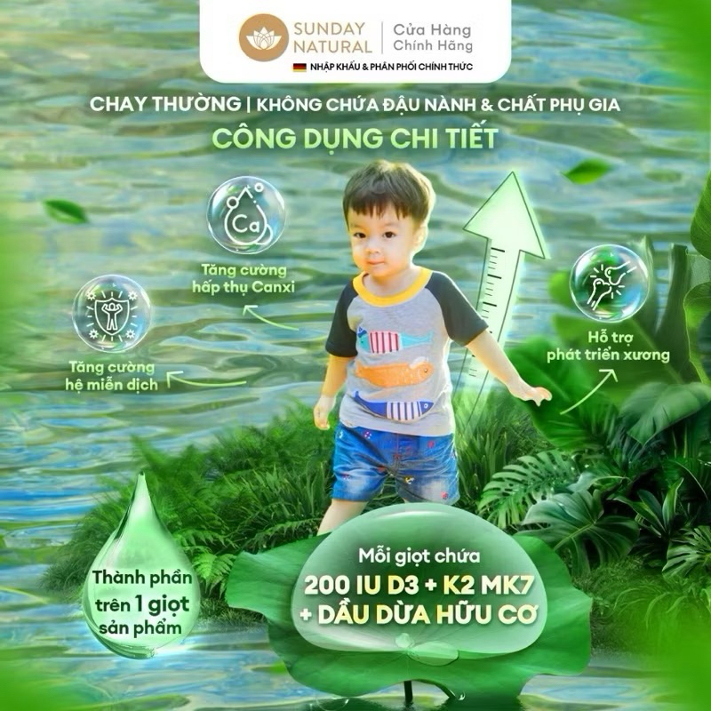 Vitamin D3 K2 MK7 (10ml 300 giọt) giúp chắc xương cho trẻ từ sơ sinh đến 4 tuổi Sunday Natural, Đức