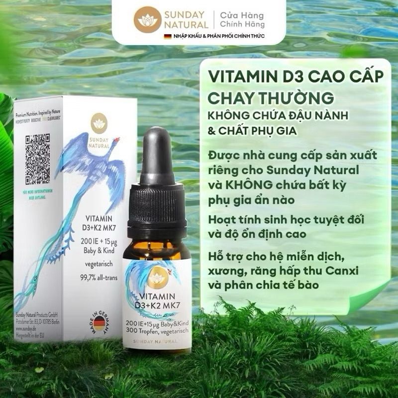 Vitamin D3 K2 MK7 (10ml 300 giọt) giúp chắc xương cho trẻ từ sơ sinh đến 4 tuổi Sunday Natural, Đức